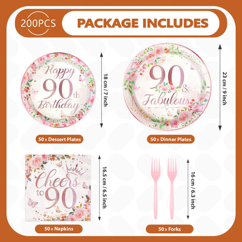 200 Pcs 90th Birthday Party Plates and Napkins - Grencian