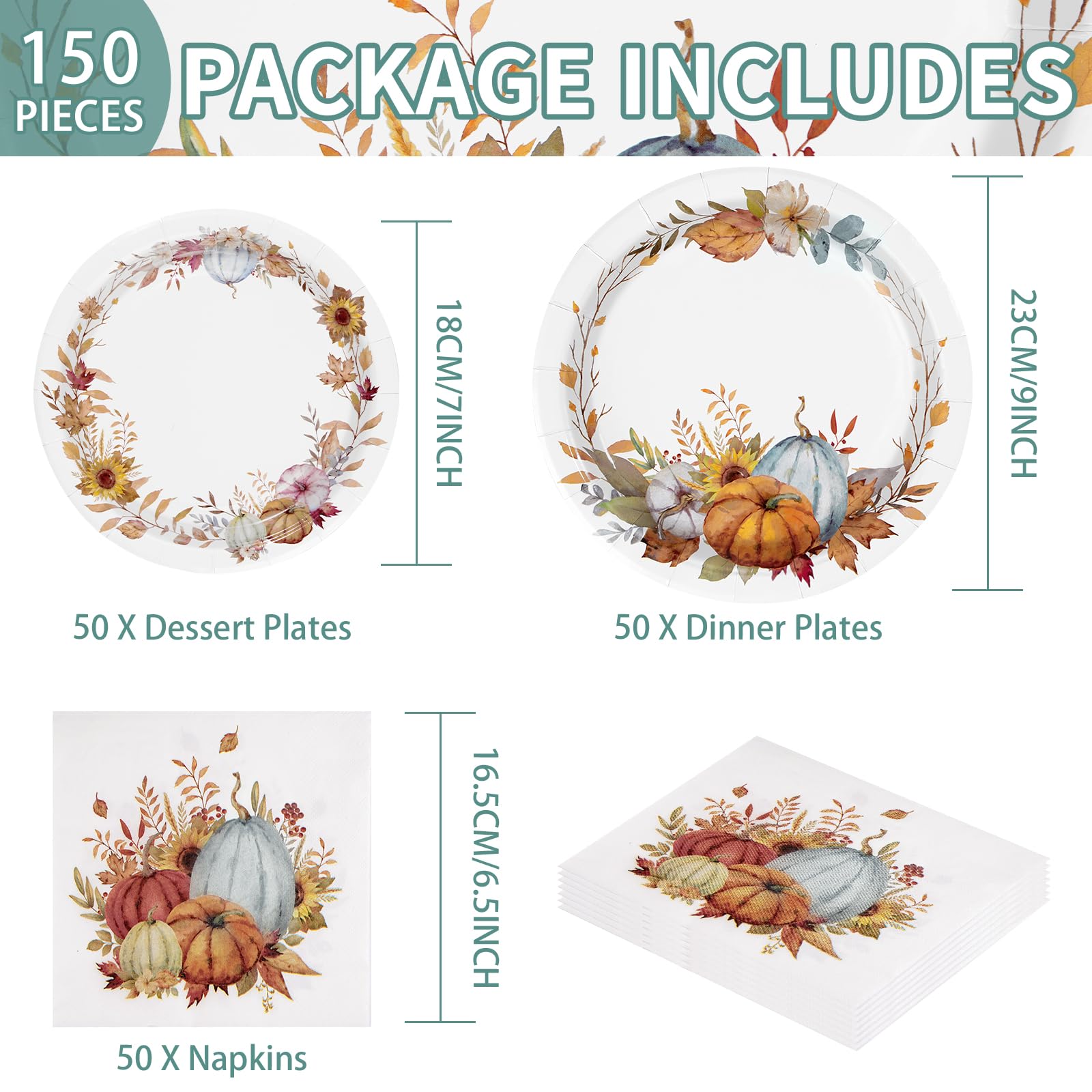 200 Pcs Autumn Pumpkin Party Plates and Napkins - Grencian