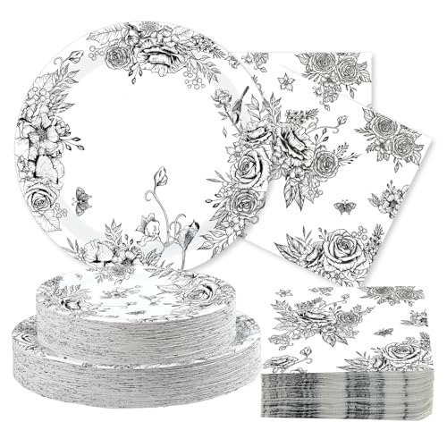 200 Pcs Black Floral Party Plates and Napkins - Grencian