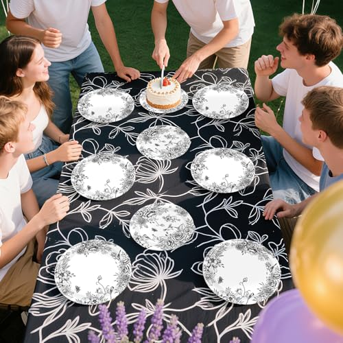 200 Pcs Black Floral Party Plates and Napkins - Grencian