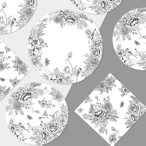 200 Pcs Black Floral Party Plates and Napkins - Grencian