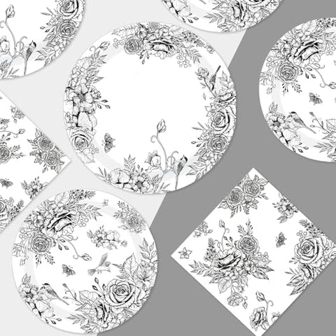 200 Pcs Black Floral Party Plates and Napkins - Grencian