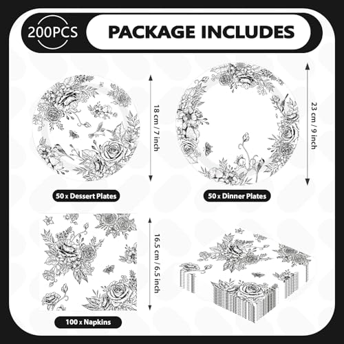 200 Pcs Black Floral Party Plates and Napkins - Grencian