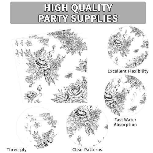 200 Pcs Black Floral Party Plates and Napkins - Grencian