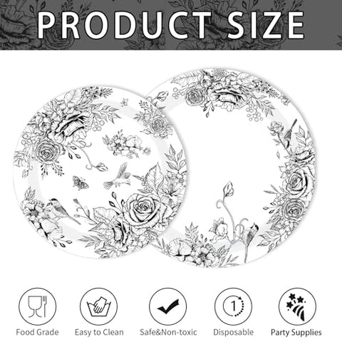 200 Pcs Black Floral Party Plates and Napkins - Grencian
