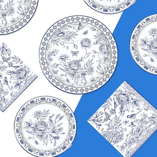 200 Pcs Blue Floral Party Plates and Napkins - Grencian