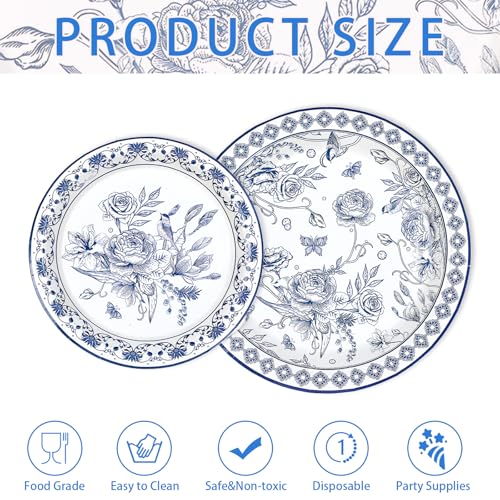 200 Pcs Blue Floral Party Plates and Napkins - Grencian