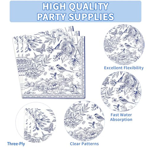 200 Pcs Blue Floral Party Plates and Napkins - Grencian