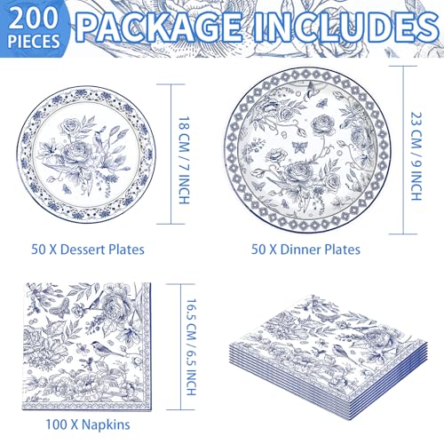200 Pcs Blue Floral Party Plates and Napkins - Grencian