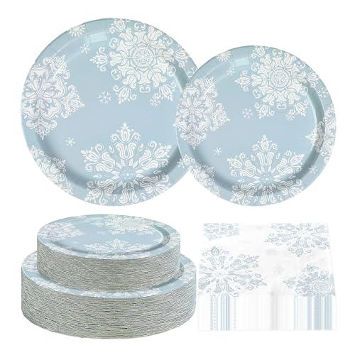 200 Pcs Blue Snowflake Party Plates and Napkins - Grencian