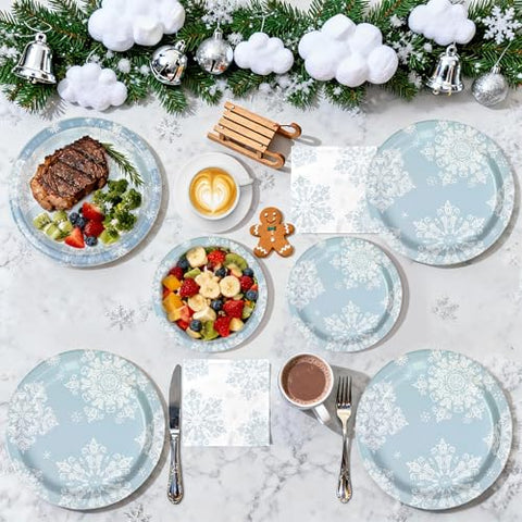 200 Pcs Blue Snowflake Party Plates and Napkins - Grencian