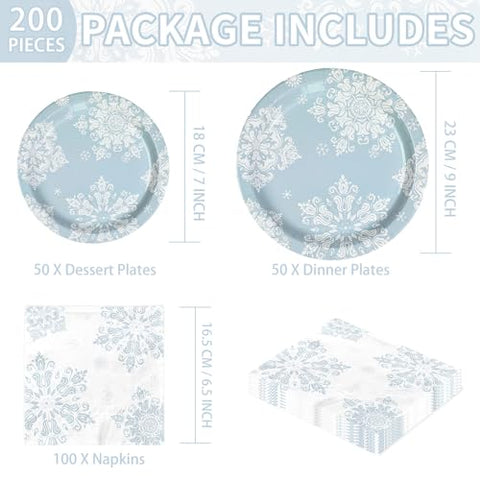 200 Pcs Blue Snowflake Party Plates and Napkins - Grencian
