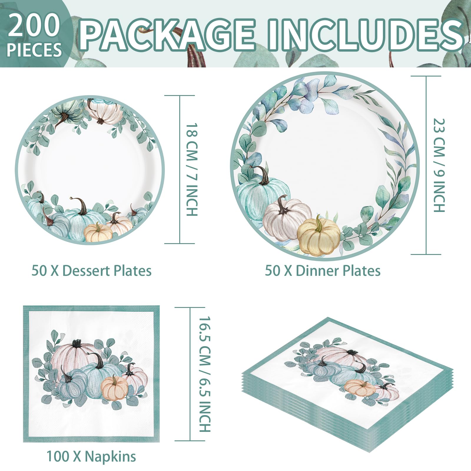 200 Pcs Blue White Pumpkin Party Plates and Napkins - Grencian