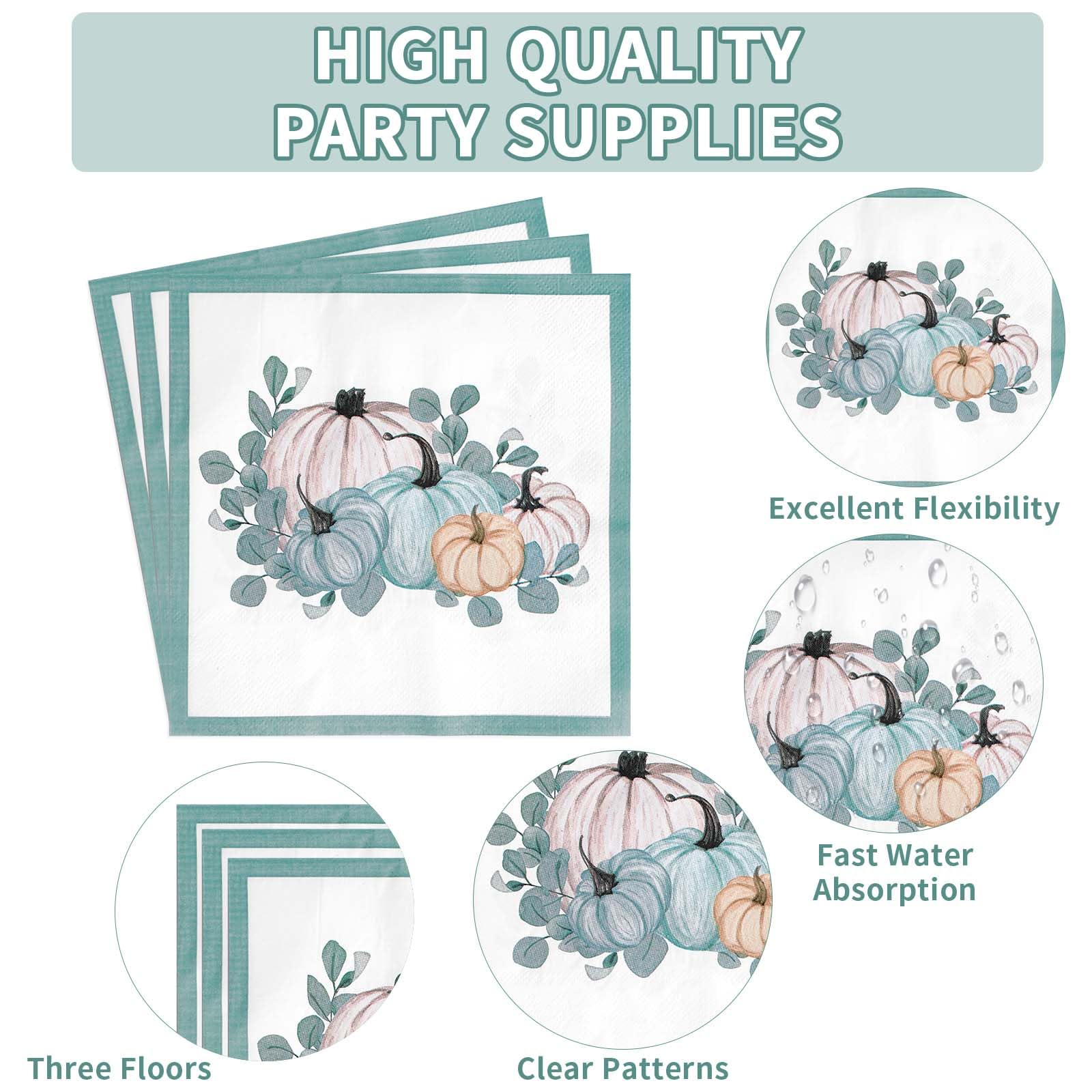 200 Pcs Blue White Pumpkin Party Plates and Napkins - Grencian