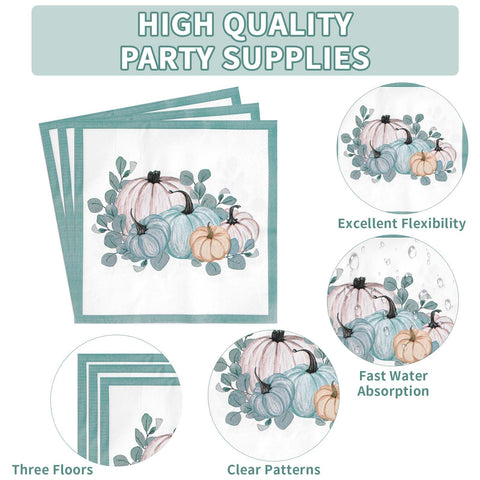 200 Pcs Blue White Pumpkin Party Plates and Napkins - Grencian