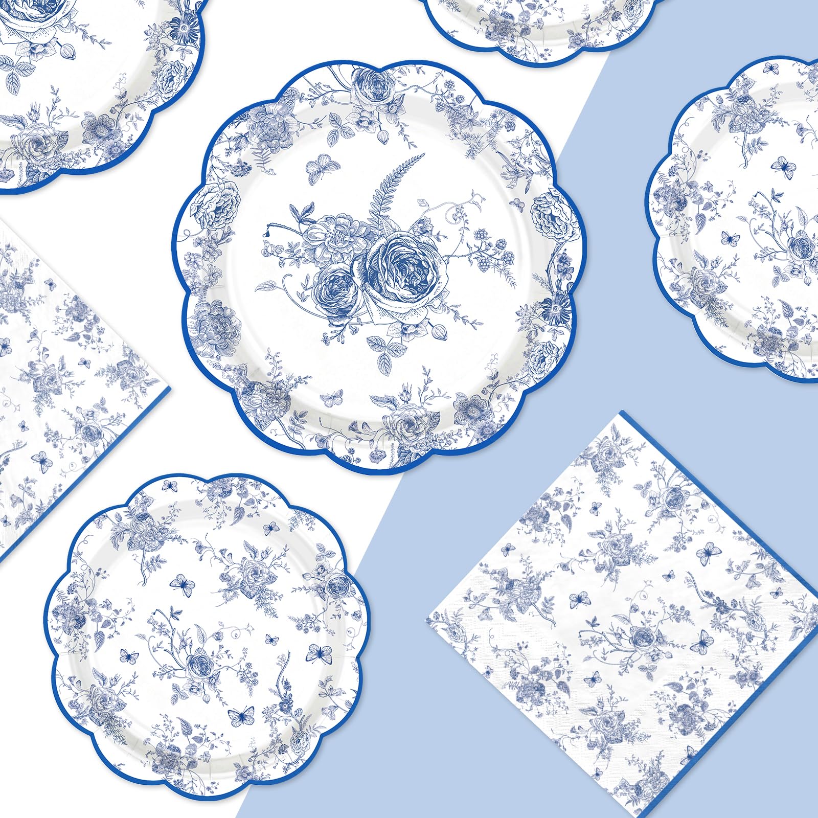 200 Pcs Blue and White Flower Party Plates and Napkins - Grencian