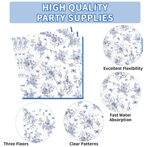 200 Pcs Blue and White Flower Party Plates and Napkins - Grencian