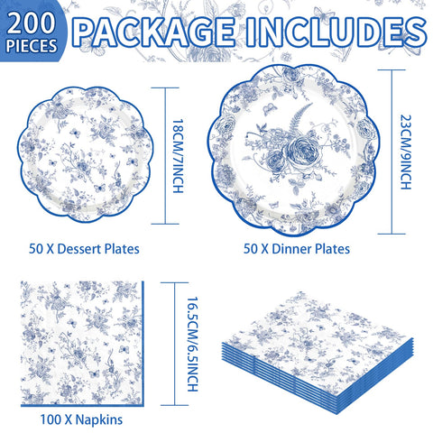 200 Pcs Blue and White Flower Party Plates and Napkins - Grencian