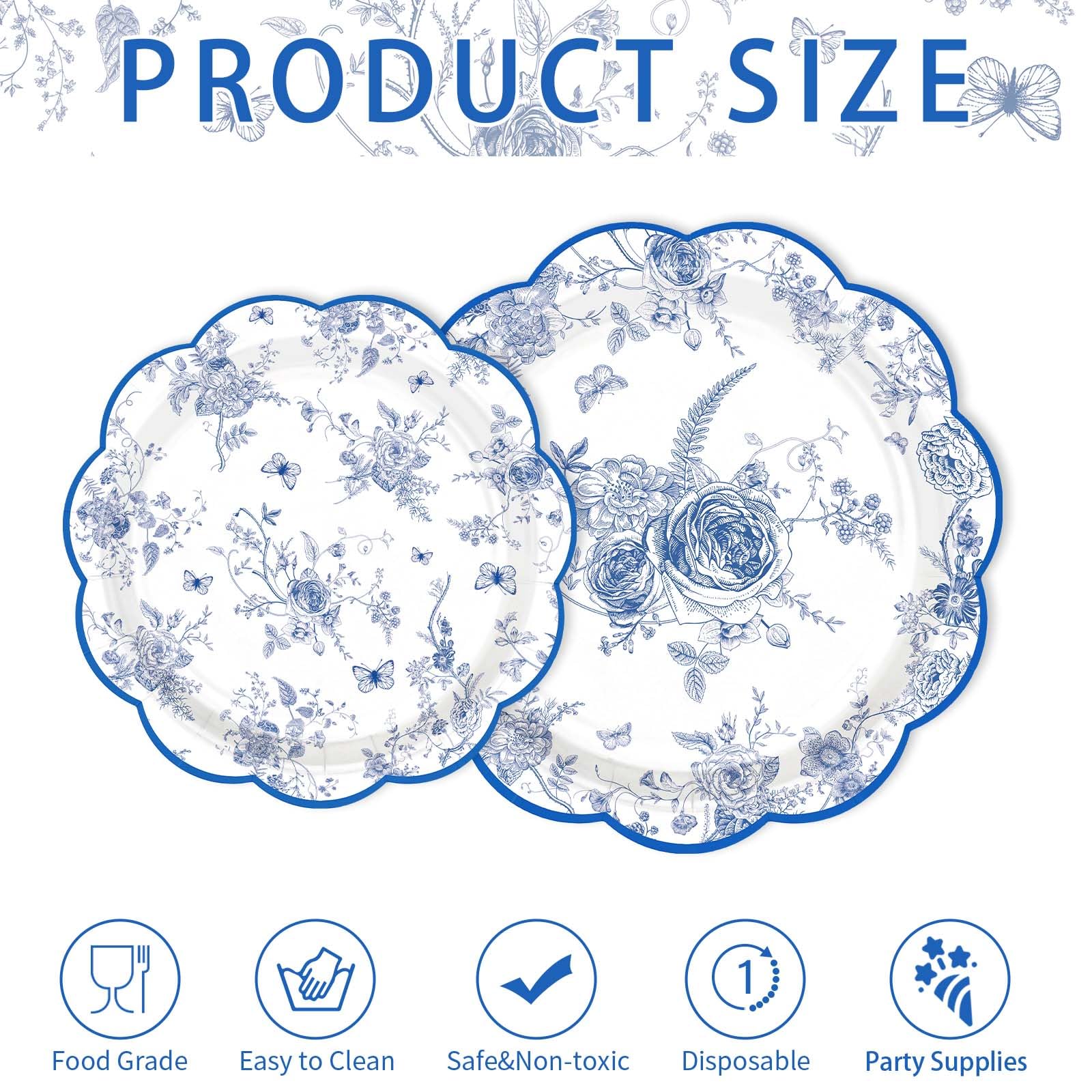 200 Pcs Blue and White Flower Party Plates and Napkins - Grencian