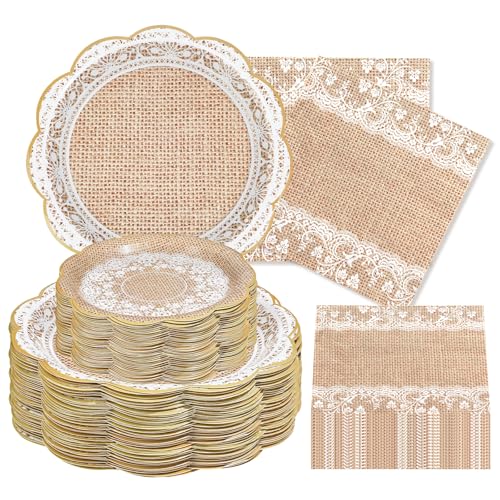200 Pcs Burlap and Lace Party Plates and Napkins - Grencian