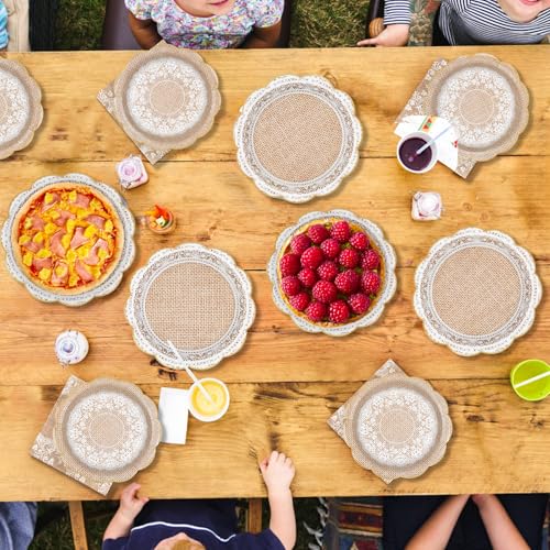 200 Pcs Burlap and Lace Party Plates and Napkins - Grencian
