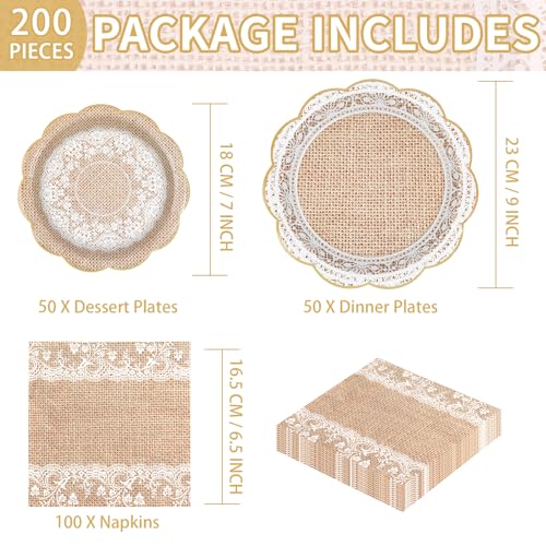200 Pcs Burlap and Lace Party Plates and Napkins - Grencian