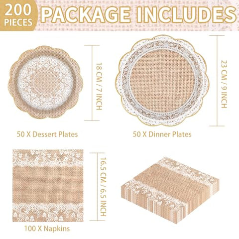 200 Pcs Burlap and Lace Party Plates and Napkins - Grencian