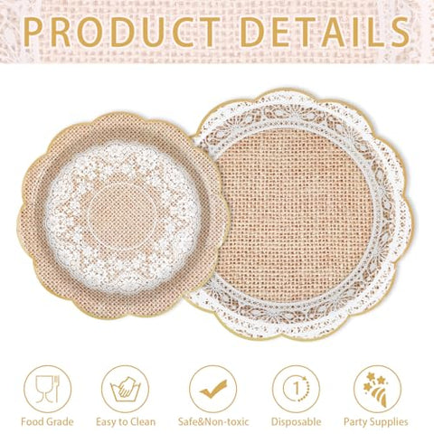 200 Pcs Burlap and Lace Party Plates and Napkins - Grencian