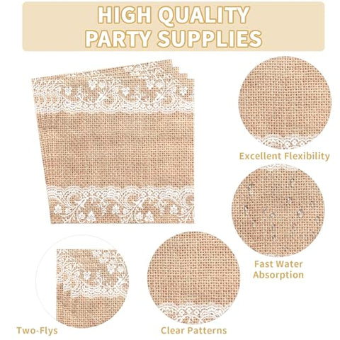 200 Pcs Burlap and Lace Party Plates and Napkins - Grencian