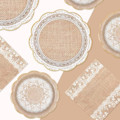 200 Pcs Burlap and Lace Party Plates and Napkins - Grencian