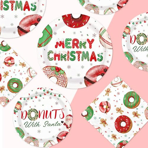 200 Pcs Christmas Donuts Party Plates and Napkins - Grencian