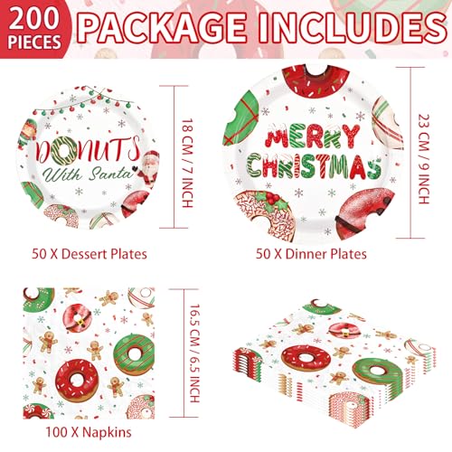 200 Pcs Christmas Donuts Party Plates and Napkins - Grencian