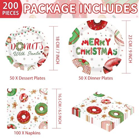 200 Pcs Christmas Donuts Party Plates and Napkins - Grencian