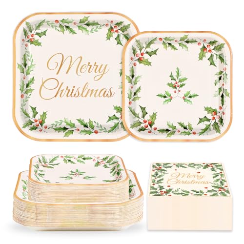 200 Pcs Christmas Holly Leaf Party Plates and Napkins - Grencian