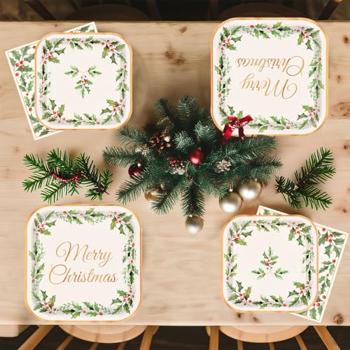 200 Pcs Christmas Holly Leaf Party Plates and Napkins - Grencian