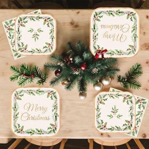 200 Pcs Christmas Holly Leaf Party Plates and Napkins - Grencian