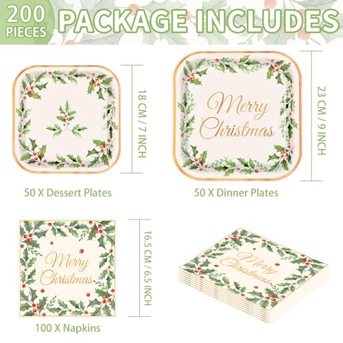 200 Pcs Christmas Holly Leaf Party Plates and Napkins - Grencian