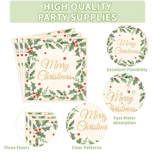 200 Pcs Christmas Holly Leaf Party Plates and Napkins - Grencian