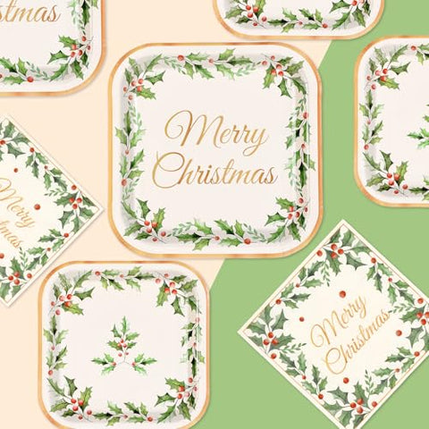 200 Pcs Christmas Holly Leaf Party Plates and Napkins - Grencian
