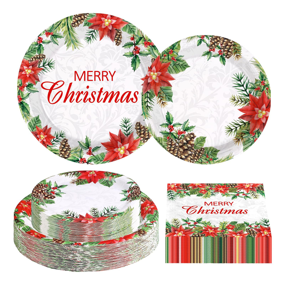 200 Pcs Christmas Poinsettias Party Plates and Napkins - Grencian