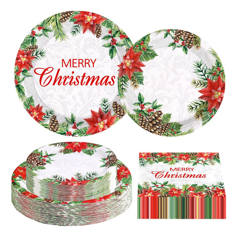200 Pcs Christmas Poinsettias Party Plates and Napkins - Grencian