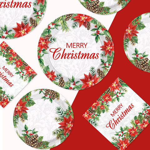 200 Pcs Christmas Poinsettias Party Plates and Napkins - Grencian