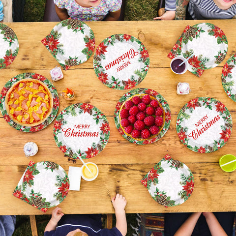 200 Pcs Christmas Poinsettias Party Plates and Napkins - Grencian