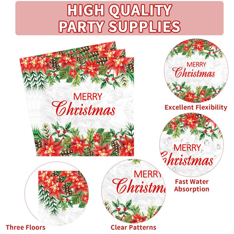 200 Pcs Christmas Poinsettias Party Plates and Napkins - Grencian