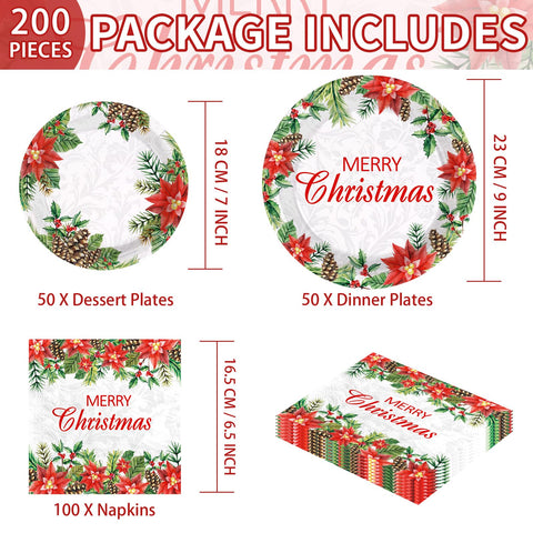 200 Pcs Christmas Poinsettias Party Plates and Napkins - Grencian