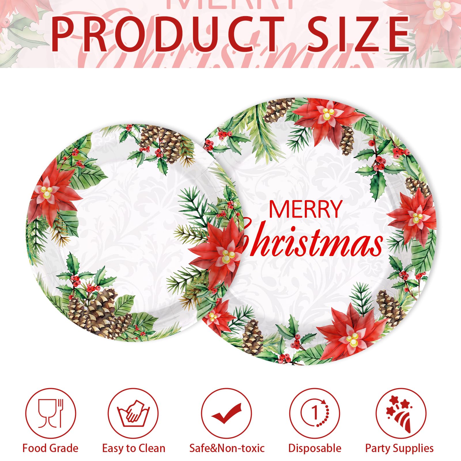 200 Pcs Christmas Poinsettias Party Plates and Napkins - Grencian