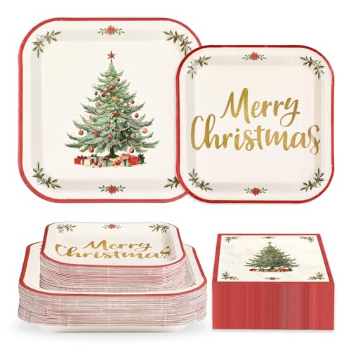 200 Pcs Christmas Tree Red Border Party Plates and Napkins - Grencian
