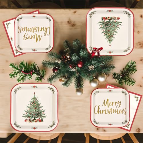 200 Pcs Christmas Tree Red Border Party Plates and Napkins - Grencian