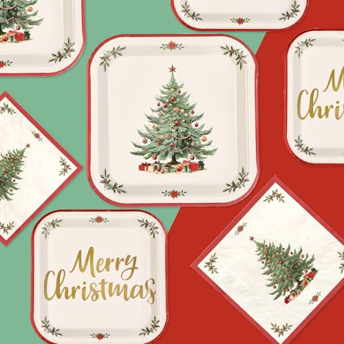 200 Pcs Christmas Tree Red Border Party Plates and Napkins - Grencian