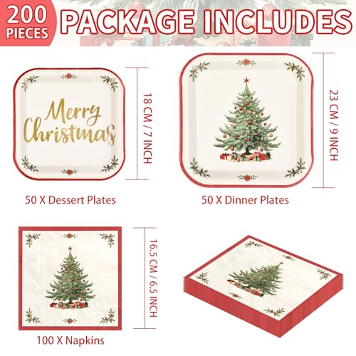 200 Pcs Christmas Tree Red Border Party Plates and Napkins - Grencian